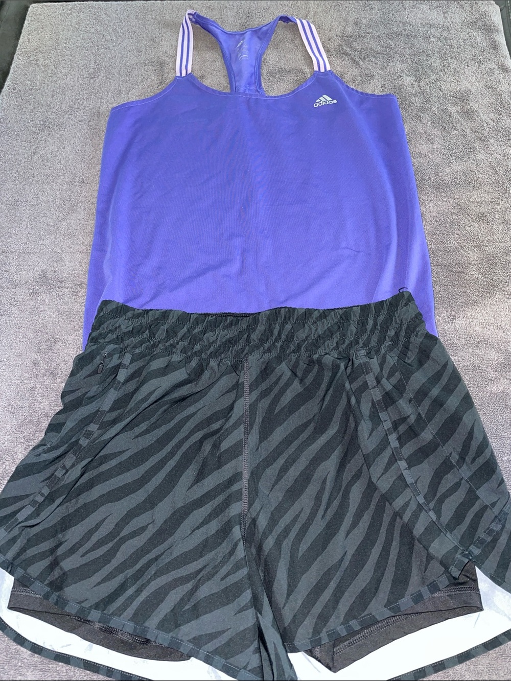Purple Racerback Tank w Black Running Shorts. Crop Top W black Shorts. Large
